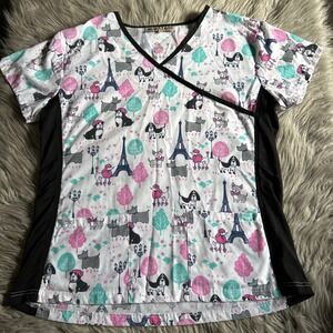 Green Town Scrub Top Womens Size Large Animal Dog Print Short Sleeve Work Shirt